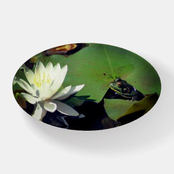 Frog Admiring Water Lily Lotus Flower Paperweight by SmilinEyesTreasures at Zazzle