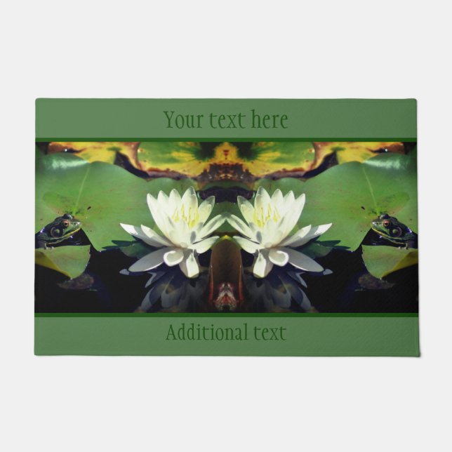 Frog Admiring Water Lily Lotus Flower Personalized Doormat (Front)