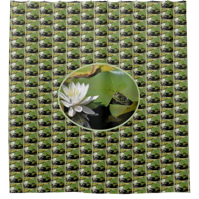 Frog Admiring Water Lily Nature Art Pattern Shower Curtain (Front)