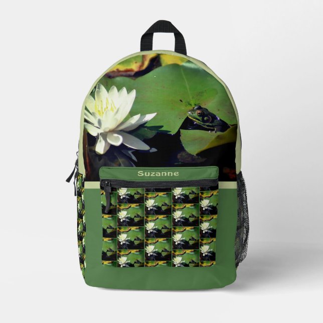 Frog Admiring Water Lily Personalized Printed Backpack (Front)