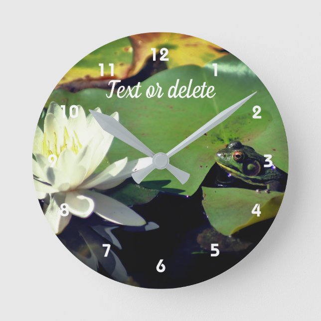 Frog Admiring Water Lily Personalized Round Clock (Front)