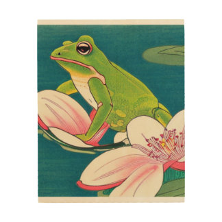 Frog among the Lilies of the pond. Wood Wall Art