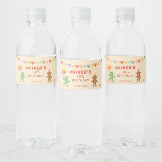 Frog and Bear Birthday Party Water Bottle Label (Bottles)