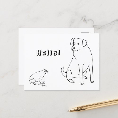 Frog and Dog Hello Coloring Postcards