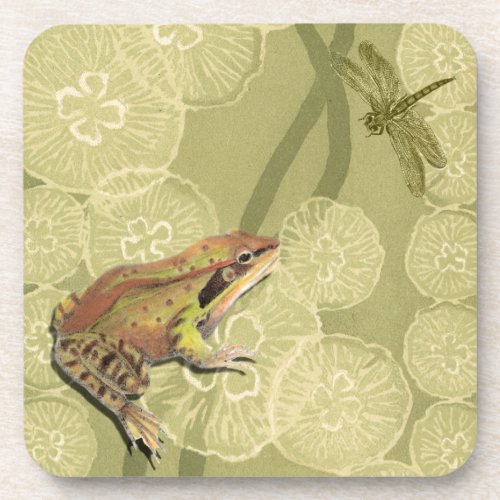 Frog and Dragonfly on Water Lilies Beverage Coaster