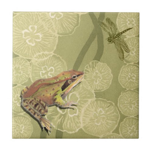 Frog and Dragonfly on Water Lilies Ceramic Tile