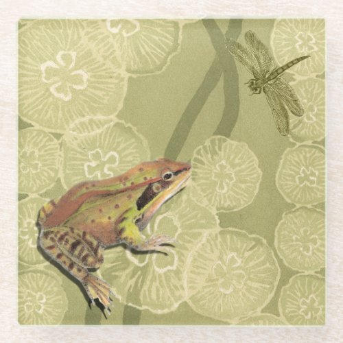 Frog and Dragonfly on Water Lilies Glass Coaster