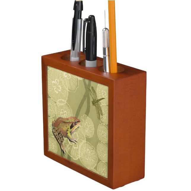 Frog and Dragonfly on Water Lilies Pencil Holder (In Situ)