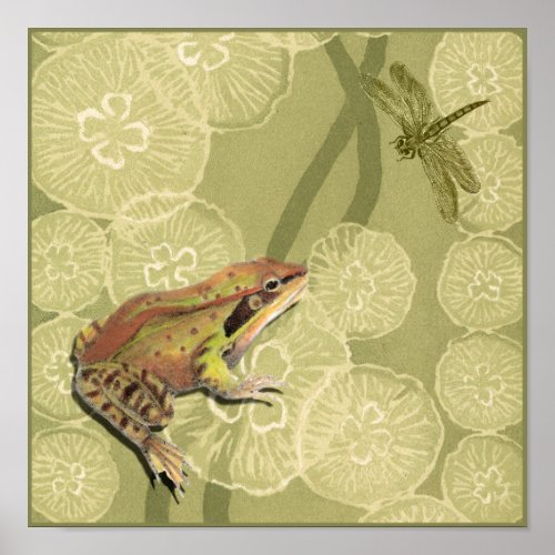 Frog and Dragonfly on Water Lilies Poster