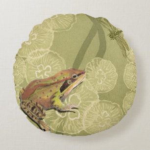 Frog and Dragonfly on Water Lilies Round Pillow