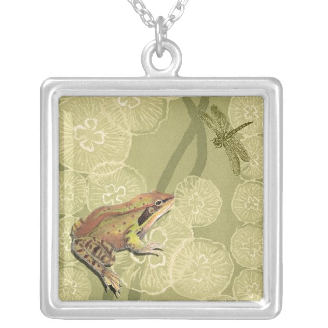 Frog and Dragonfly on Water Lilies Silver Plated Necklace (Front)