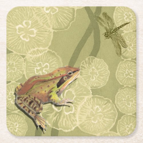Frog and Dragonfly on Water Lilies Square Paper Coaster