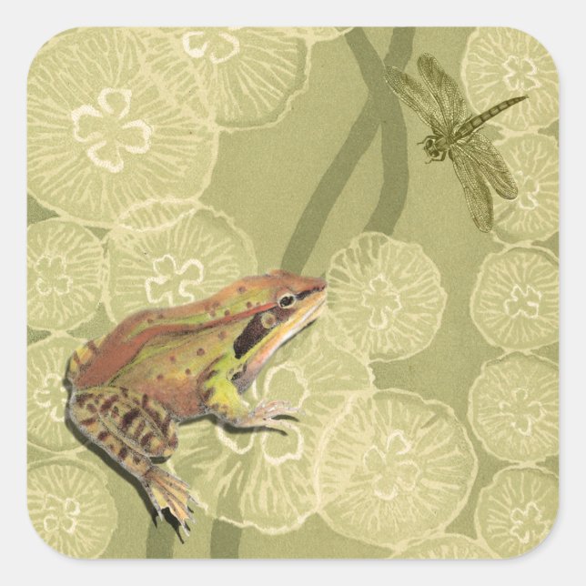 Frog and Dragonfly on Water Lilies Square Sticker (Front)