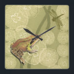 Frog and Dragonfly on Water Lilies Square Wall Clock<br><div class="desc">This contemporary fine art print of a frog and a dragonfly on water lilies will brighten any product you choose. Get it on your favorite Zazzle product today!</div>