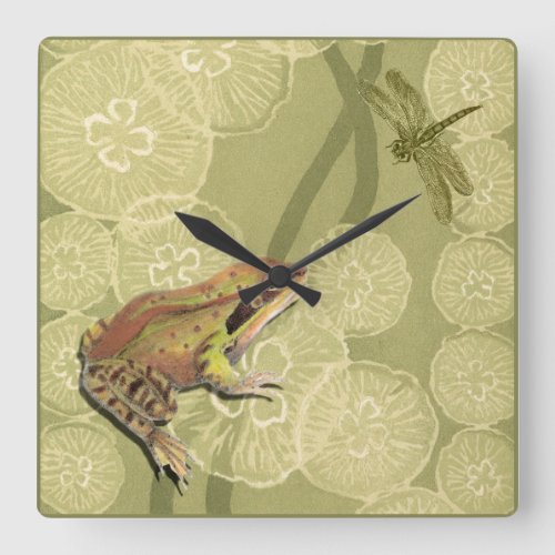 Frog and Dragonfly on Water Lilies Square Wall Clock