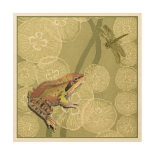 Frog and Dragonfly on Water Lilies Wood Wall Decor