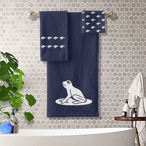 Frog and Fish Bath Ocean Blue  white Bath Towel Set
