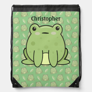 Frog And Leaf Pattern Custom Name Drawstring Bag