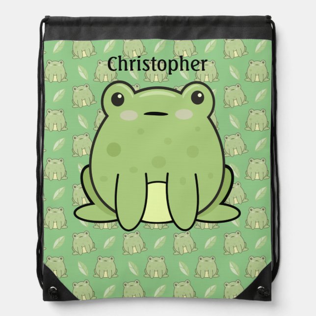 Frog And Leaf Pattern Custom Name Drawstring Bag (Front)