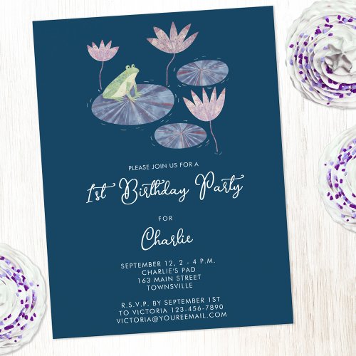 Frog and Lily Pond First Birthday Party Invitation Postcard