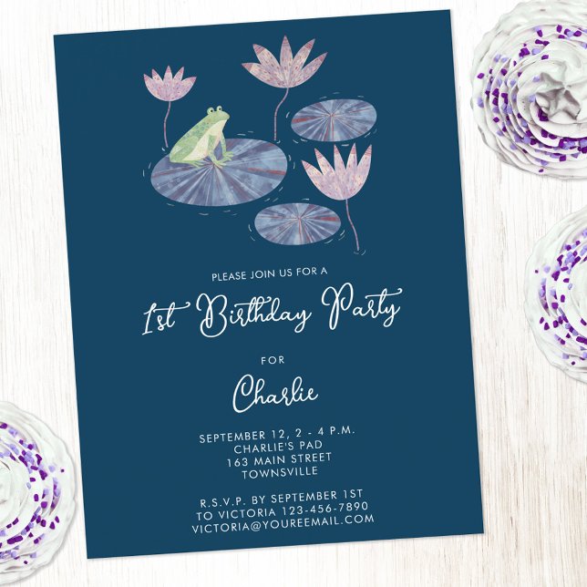 Frog and Lily Pond First Birthday Party Invitation Postcard (Cute frog themed first 1st birthday party invitation postcard with personalized custom text)