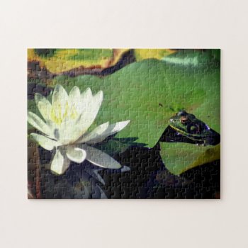 Frog And Lotus Water Lily Flower Jigsaw Puzzle by SmilinEyesTreasures at Zazzle