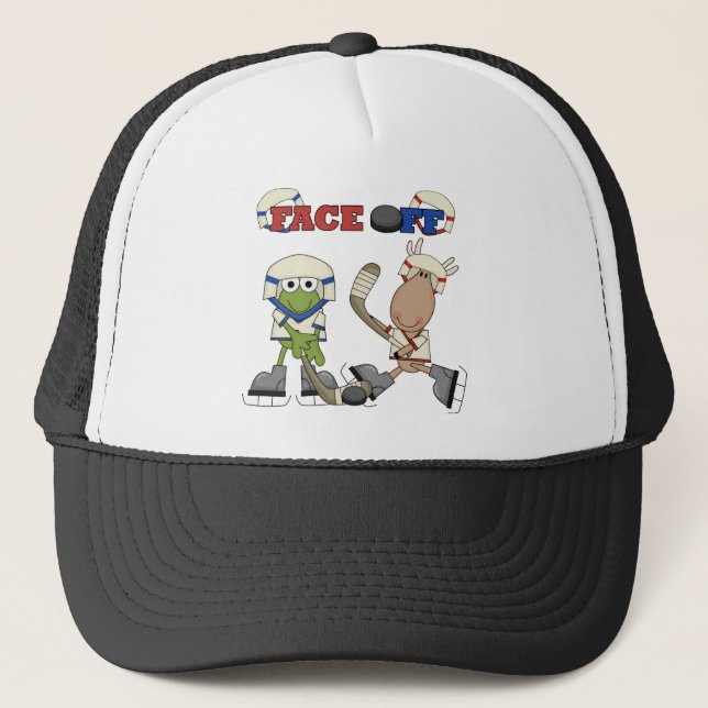 Frog and Moose Hockey Face Off tshirts and Gifts Trucker Hat (Front)