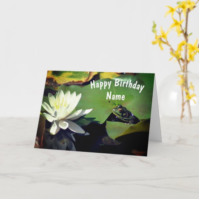 Frog And Water Lily Flower Personalized Birthday  Card (Yellow Flower)