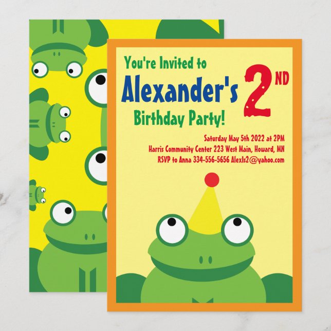 Frog Animal Kid's Birthday Party Invitations (Front/Back)