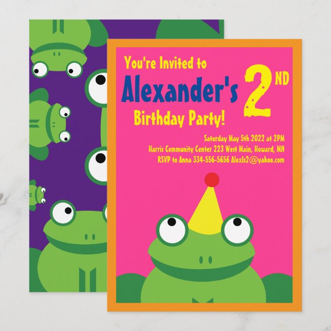 Frog Animal Kid's Birthday Party Invitations (Front/Back)