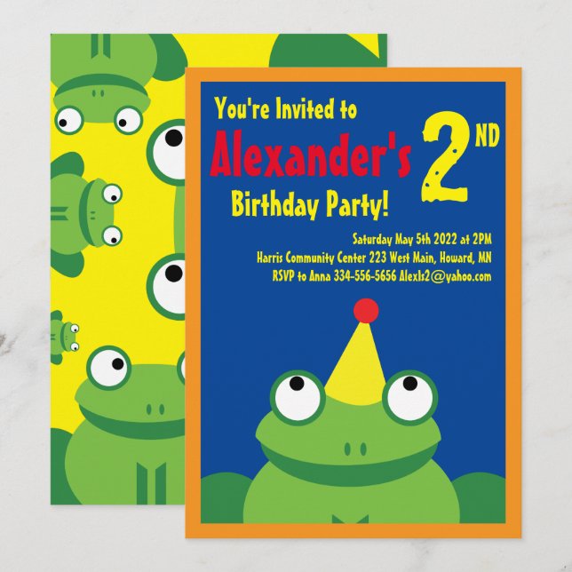Frog Animal Kid's Birthday Party Invitations (Front/Back)