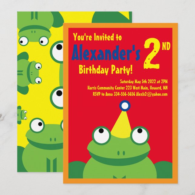Frog Animal Kid's Birthday Party Invitations (Front/Back)