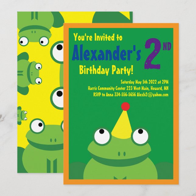 Frog Animal Kid's Birthday Party Invitations (Front/Back)