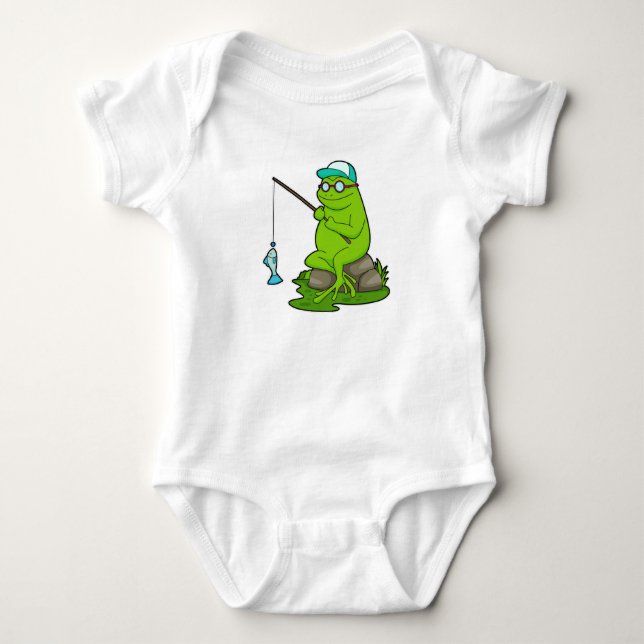 Frog as Fisher with Fishing rod & Fish Baby Bodysuit (Front)