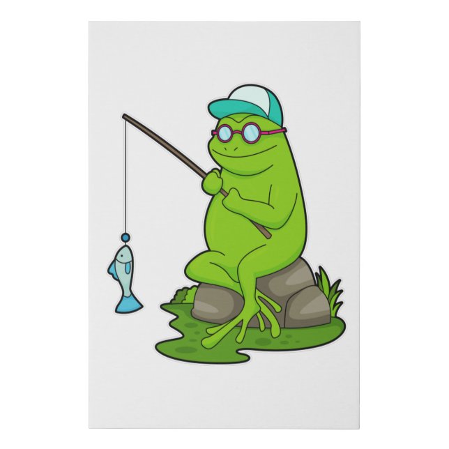 Frog as Fisher with Fishing rod & Fish Faux Canvas Print (Front)