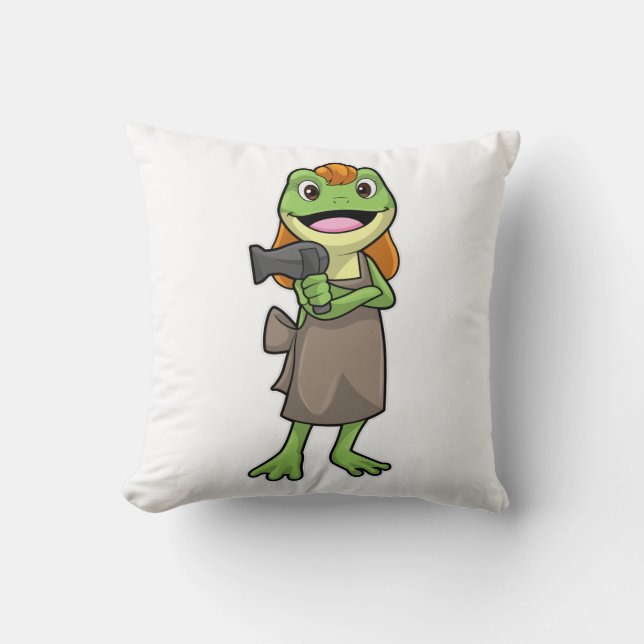 Frog as Hairdresser with Hairdryer Throw Pillow (Front)