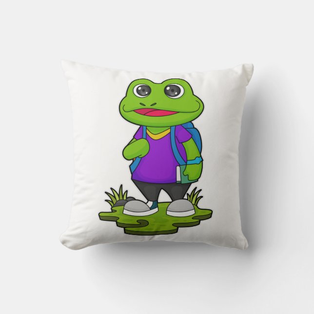 Frog as Hiker with Backpack Throw Pillow (Front)