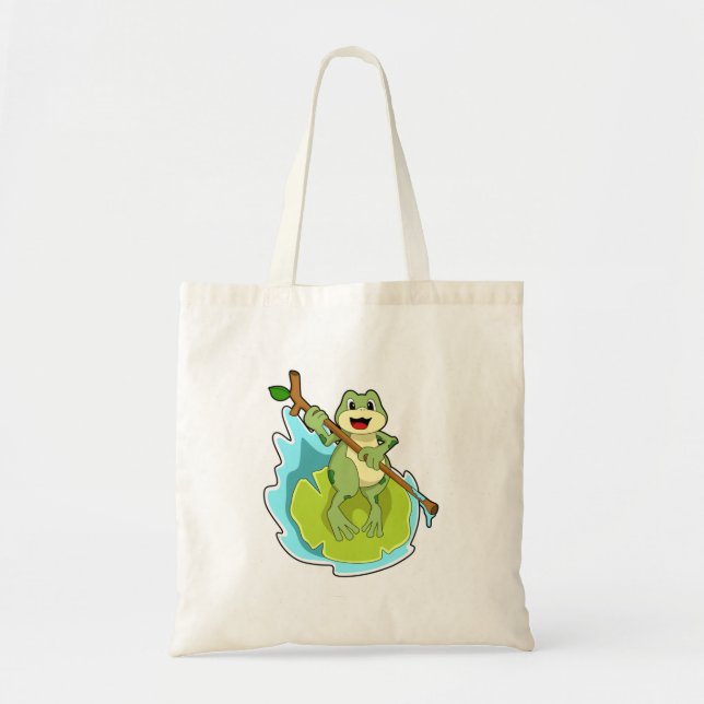 Frog as Hiker with Stick Tote Bag (Front)