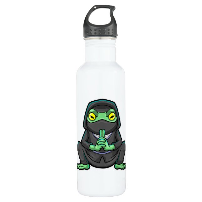 Frog as Ninja in black Stainless Steel Water Bottle (Front)
