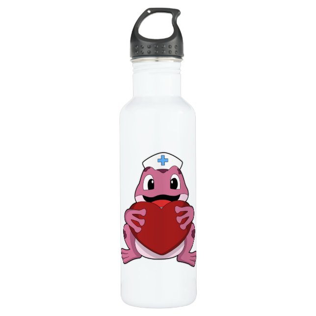 Frog as Nurse with Heart Stainless Steel Water Bottle (Front)