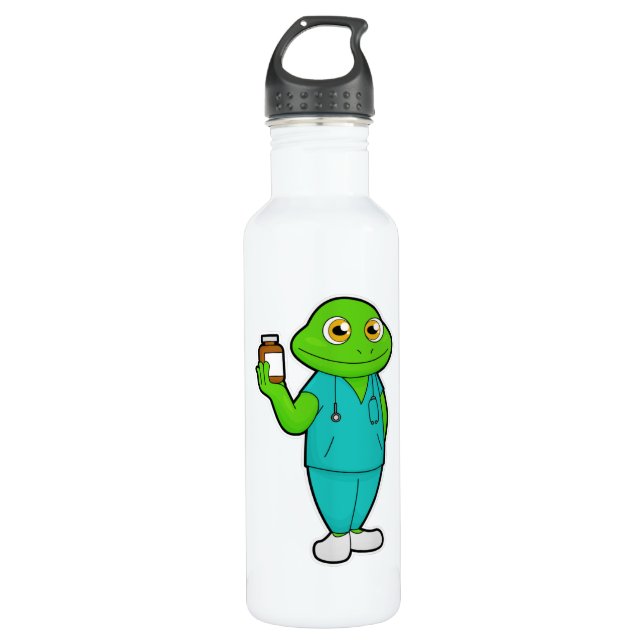 Frog as Nurse with Medicine & Stethoscope Stainless Steel Water Bottle (Front)
