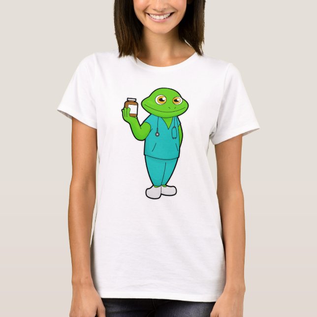 Frog as Nurse with Medicine & Stethoscope T-Shirt (Front)