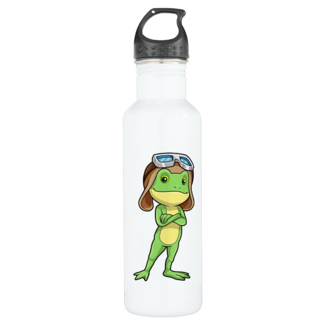 Frog as Pilot with Hat & Glasses Stainless Steel Water Bottle (Front)