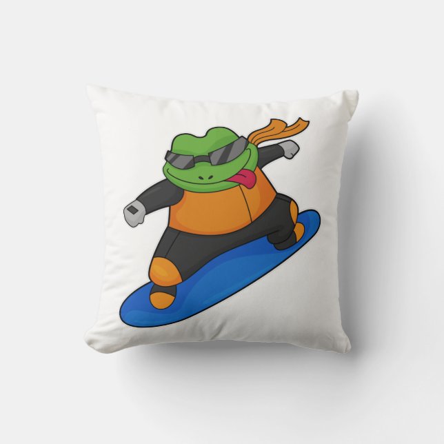 Frog as Snowobarder with Snowboard Throw Pillow (Front)