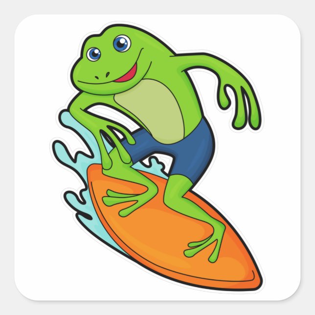 Frog as Surfer with Surfboard Square Sticker (Front)