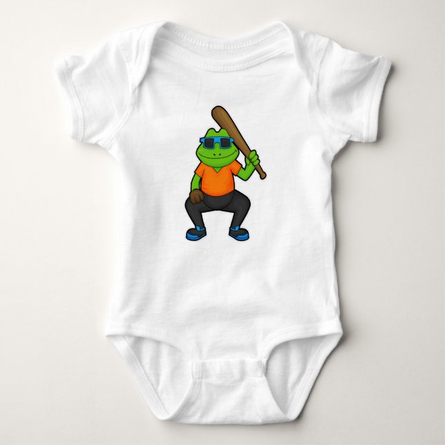 Frog at Baseball with Baseball bat & Sunglasses Baby Bodysuit (Front)