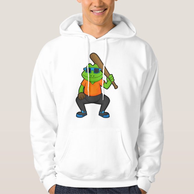 Frog at Baseball with Baseball bat & Sunglasses Hoodie (Front)