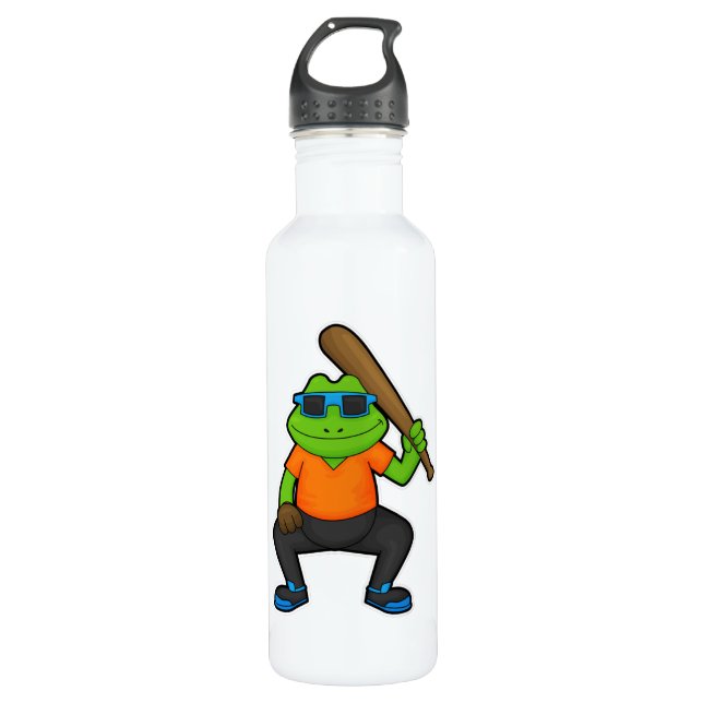 Frog at Baseball with Baseball bat & Sunglasses Stainless Steel Water Bottle (Front)