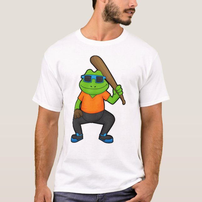 Frog at Baseball with Baseball bat & Sunglasses T-Shirt (Front)