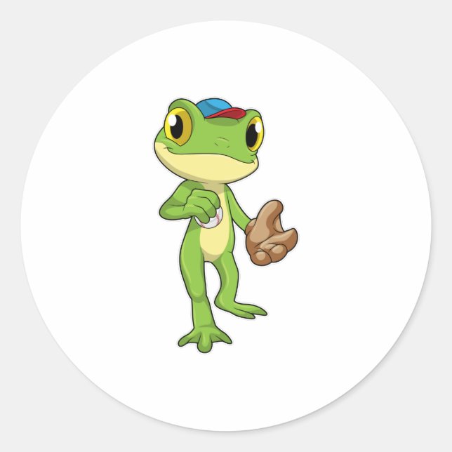 Frog at Baseball with Baseball glove Classic Round Sticker (Front)